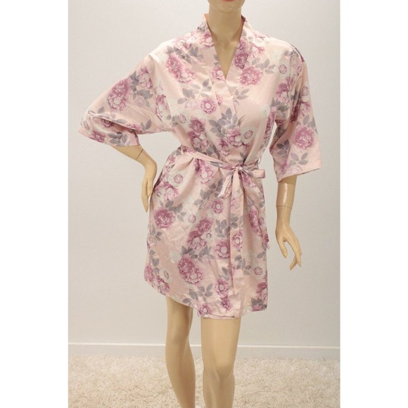 Vintage Flora Super soft Satin Kimono Wrap Robe Pink Mauve Roses L XL - Picture 1 of 9